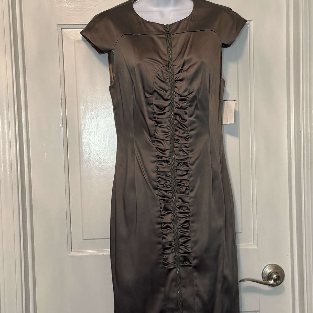 Issue New York Olive Satin Ruched Cocktail Dress Size 8
